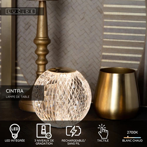 Lucide CINTRA - Lampe de table Rechargeable - Batterie/Piles - Ø 9 cm - LED 3 StepDim - 1x1,5W 2700K - Transparent - USP